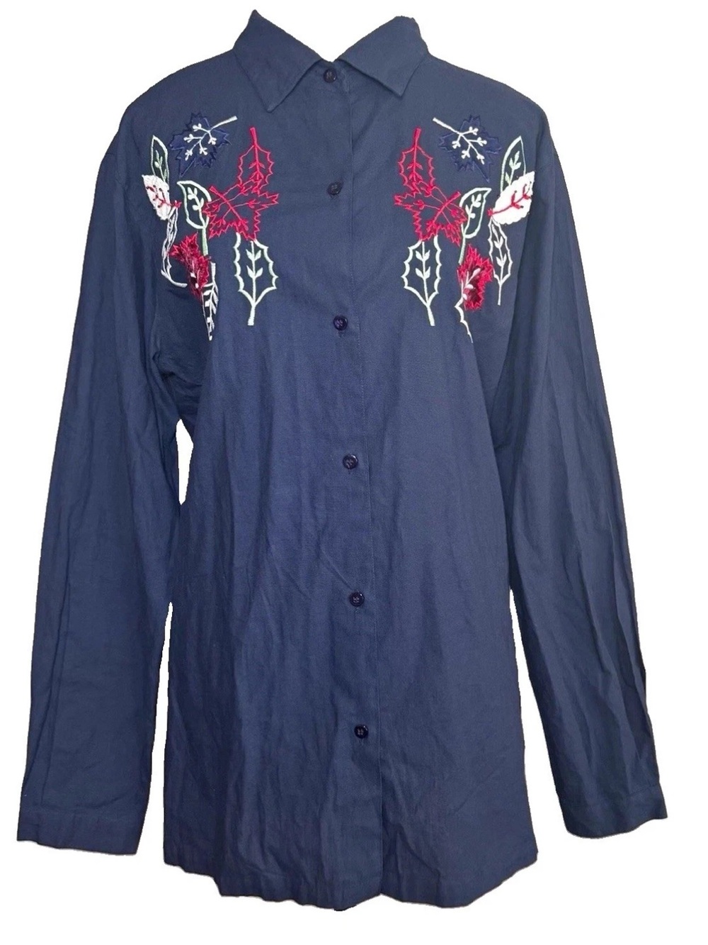 Bobbie Brooks Fall Leaf Button Up Shirt L Long Sleeve Blue Cotton Embroidered